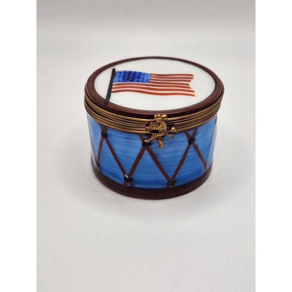 Limoges France Colonial Drum Trinket Box, US Flag/French Flag inside box